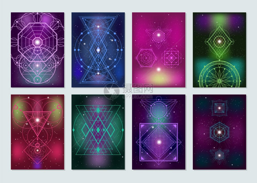 神几何彩色横幅收集流行的神几何古代符号8彩色横幅与发光模糊的灯光神秘背景矢量插图图片