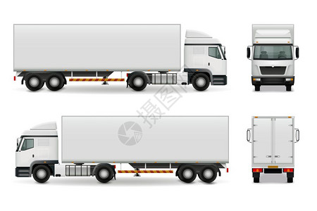现实的重型卡车广告模型现实重型卡车与白色驾驶室拖车,侧视前后广告模型矢量插图背景图片