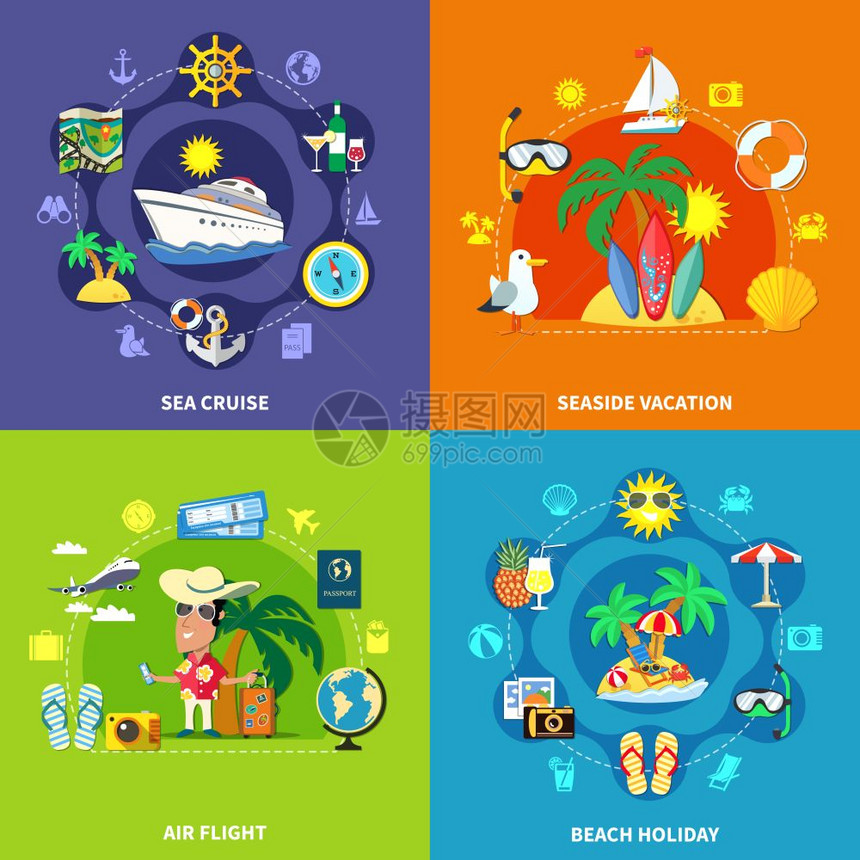 度假旅游理念度假旅游平与成海滨度假旅游符号运输设备图像矢量插图图片