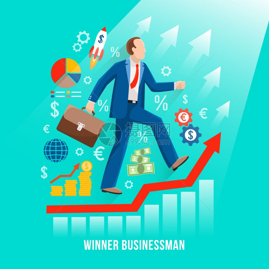 成功的商人象征平海报成功的商人象征平海报与赢家上升沿他的利润红图线矢量插图图片