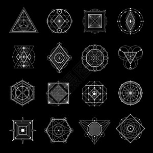黑色布景上的神几何学神的几何白色元素符号黑色背景平矢量插图上图片