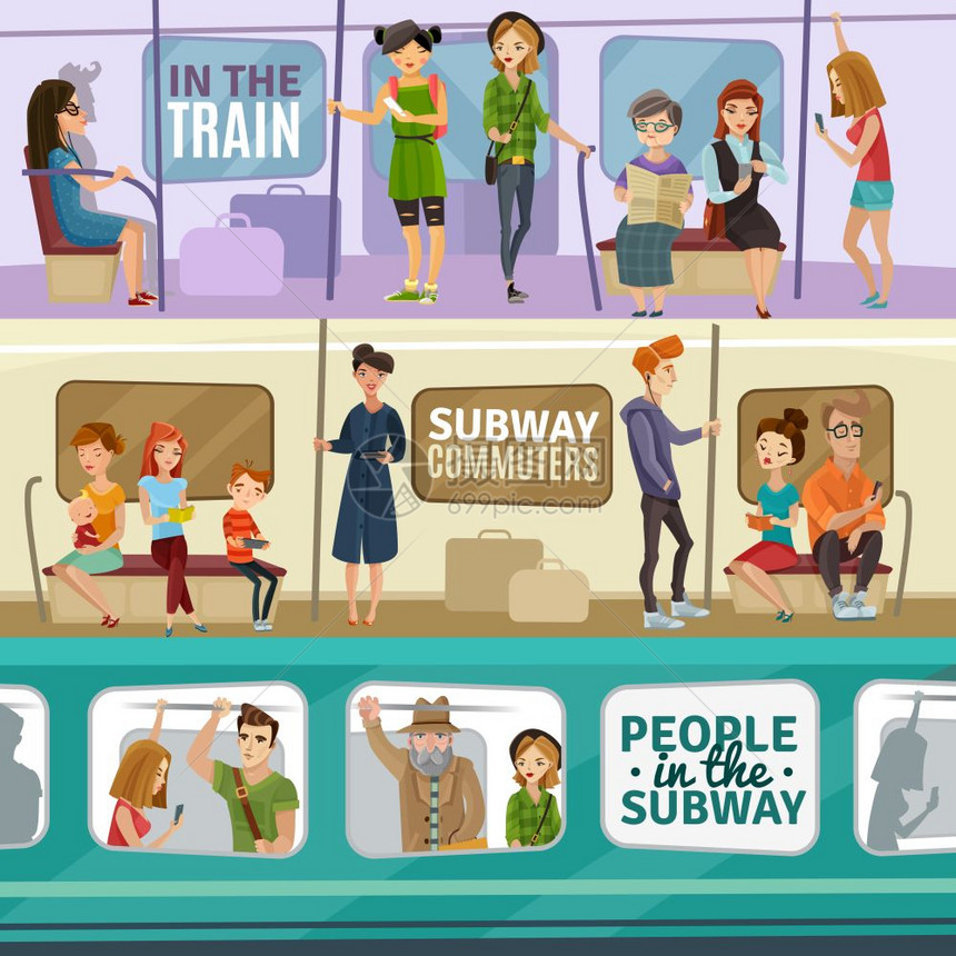 地铁人横幅地铁人水平横幅与交通符号平孤立矢量插图图片
