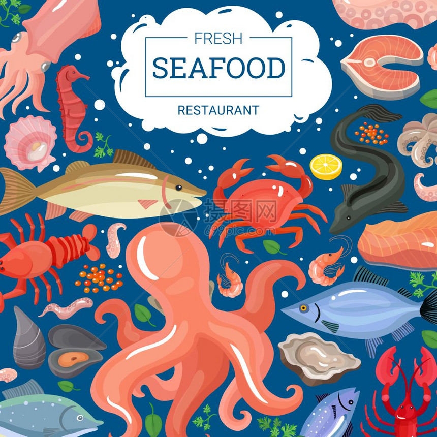 新鲜海鲜餐厅背景海鲜背景构图卡通风格的海洋动物形象海洋食品制品矢量插图图片
