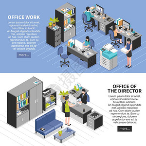 办公布局办公室工作场所横幅两个水平的工作场所横幅等距办公家具机械可编辑文本,并阅读更多的按钮矢量插图插画