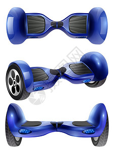 逼真的陀螺滑板车3图像集真实的自平衡陀螺仪两轮板滑板车悬停板3投影图像深蓝色矢量插图背景图片