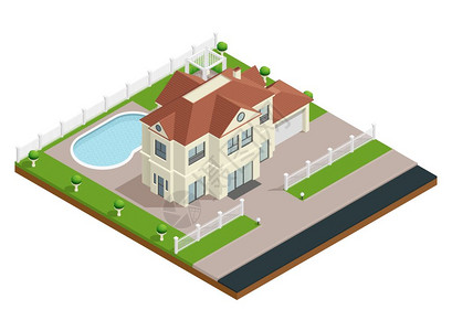 郊区房屋建筑成郊区房屋建筑等距成与游泳池栅栏矢量插图图片