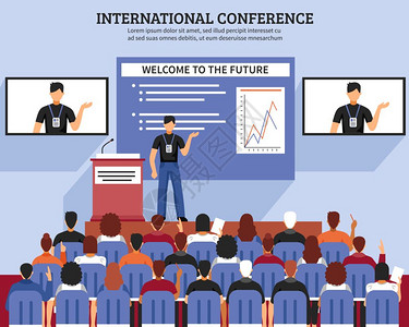 会议欢迎素材演示会议大厅成演示会议厅成国际会议欢迎来未来的描述矢量插图插画