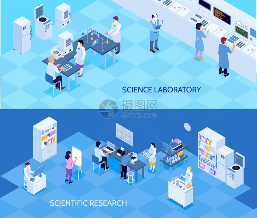 科学实验室等距横幅科学实验室水平等距横幅与人们携带技术研究的蓝色背景孤立矢量插图图片