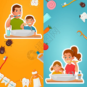 女性早起刷牙牙齿垂直横幅的家庭卫生家庭卫生的牙齿垂直横幅与父母孩子刷牙牙本质附近的水槽孤立矢量插图插画