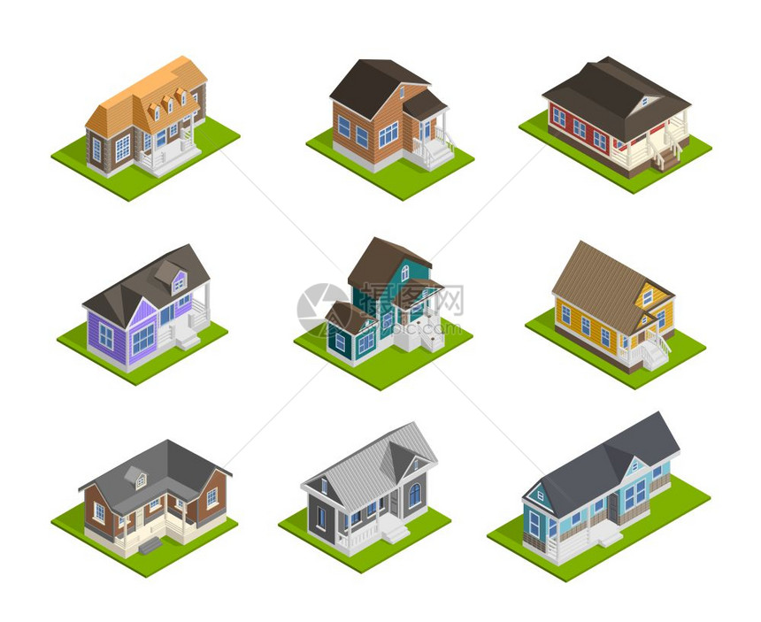 城镇房屋城镇房屋等距与分离房屋孤立矢量插图图片
