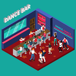 舞蹈酒吧等距构图舞蹈酒吧等距构图,酒吧柜台后的调酒师轻的舞蹈人矢量插图图片