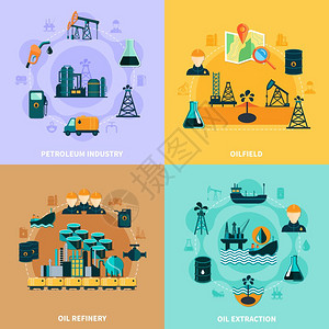 石油基础设施理念石油工业与圆形成的石油生产操作设备图标轮廓矢量插图图片