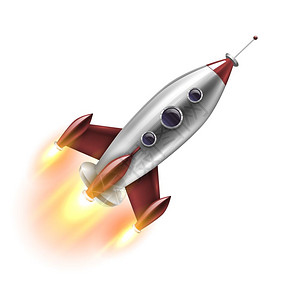现实火箭现实火箭的红色灰色与圆形舷窗飞行中的白色背景孤立矢量插图图片