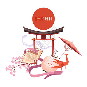 日本文化元素复古卡通插图日本文化元素包括红圈宗教地中村折纸,白色背景复古卡通矢量插图背景图片