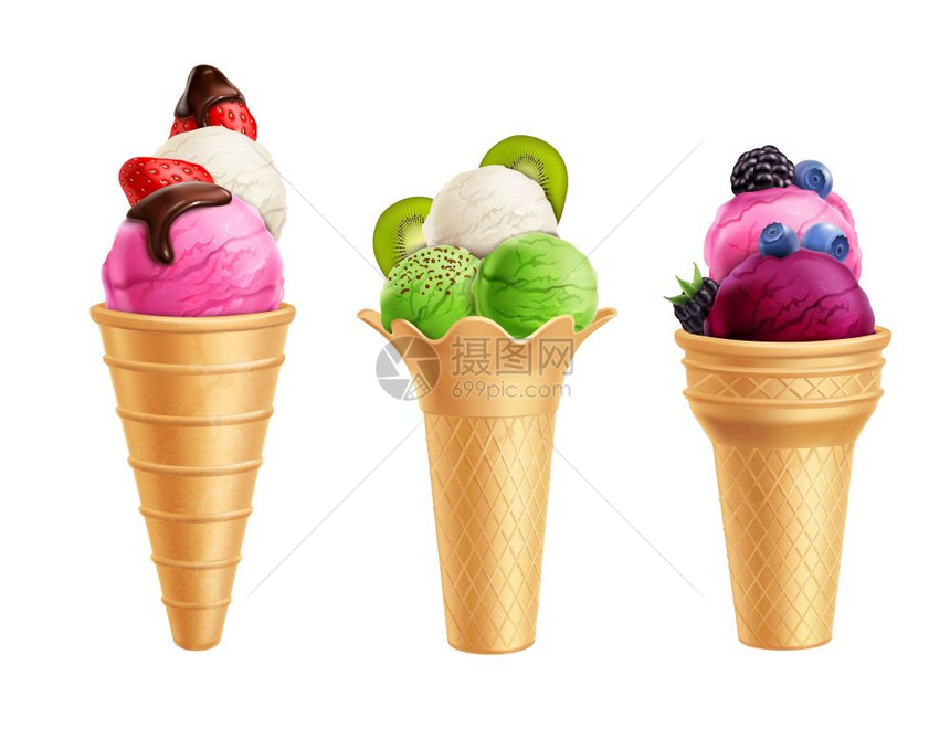 冰淇淋与水果现实真实的套冰淇淋与水果,包括草莓,猕猴桃,蓝莓华夫饼锥分离矢量插图图片