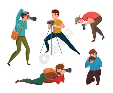 可移动摄像机同姿势的男摄影师男摄影师同的姿势与相机装饰图标矢量插图插画