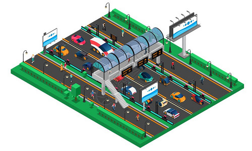 车图模板未来运输等距模板未来交通等距模板与未来公路人行桥广告牌矢量插图的车插画