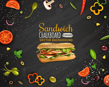 蒂芙尼的早餐新鲜三明治黑板背景广告海报三明治与火腿奶酪,新鲜辣椒,番茄,洋葱,香槟橄榄,现实的黑板背景广告海报矢量插图插画