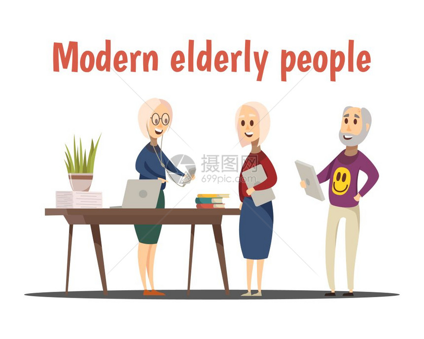 现代老人成现代老人构图与技术符号卡通矢量插图图片