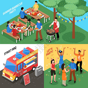烧烤等距等距与夏季烧烤街头食品烧烤节日聚会孤立矢量插图图片