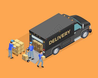 卸载等距卸载等距与卡车箱装载机橙色背景孤立矢量插图背景图片