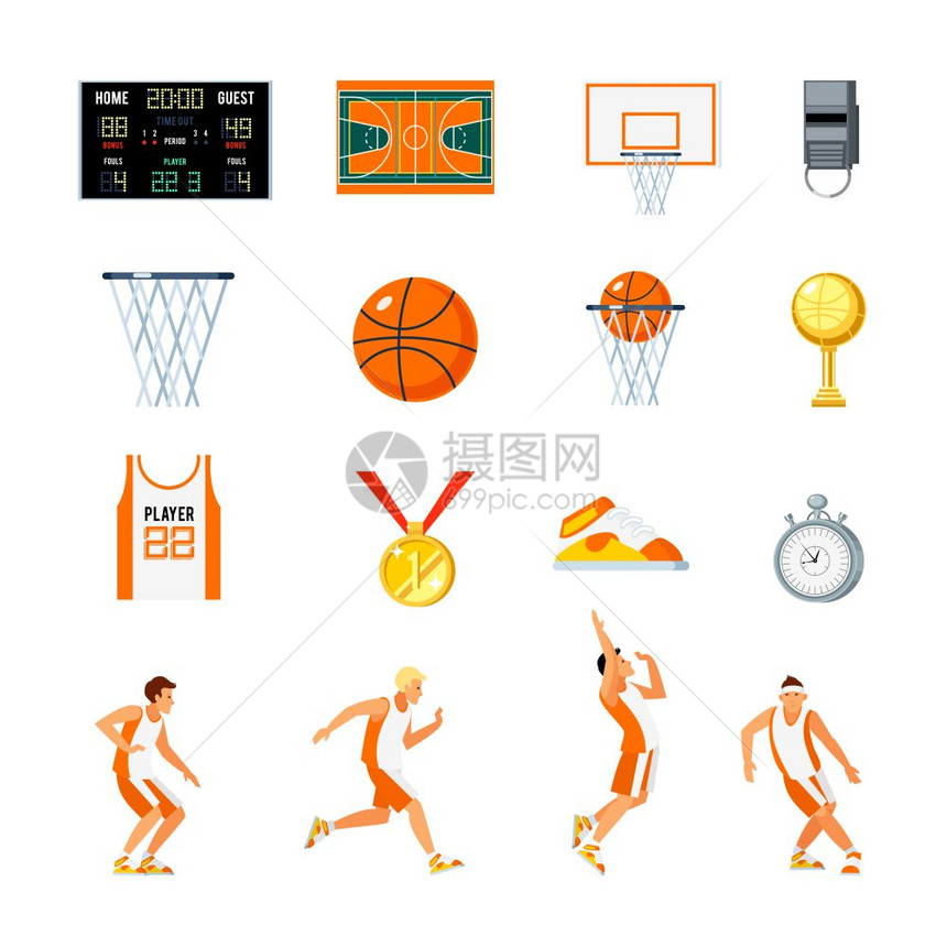 篮球正交图标篮球正交图标球员奖杯,哨子,秒表,场运动制服孤立矢量插图图片