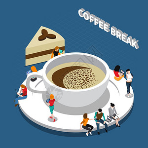 蛋糕碟子咖啡休息等距成分咖啡休息等距成与杯饮料人碟子上的蓝色背景矢量插图插画