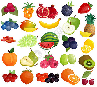 水果浆果五颜六色的图标收藏新鲜的季节农贸市场浆果,热带地中海美味的水果,五颜六色的大图标,收集矢量插图背景图片