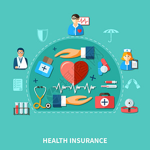 医疗保险扁平化医疗保险平与医生护士心脏工具设备隔离矢量插图图片
