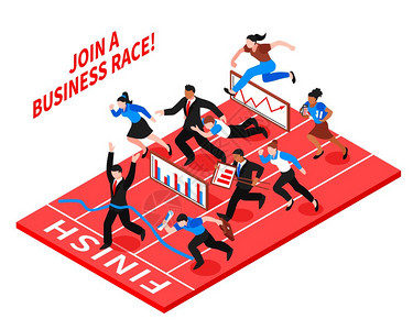 开店选址竞争业务构成彩色平竞争业务成与跑步的人,并加入个商业种族描述向量插图插画