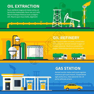 油气横幅三个水平油气工业彩色横幅了平发电厂移燃料站成矢量插图背景图片