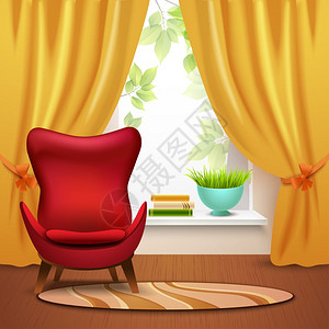 房间内部插图房间内部与扶手椅窗口书籍窗帘卡通矢量插图图片