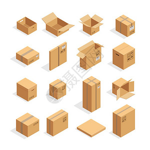 等距包装盒等距纸箱包装盒图像同大小的邮政标志,这边向上脆弱的矢量插图背景图片