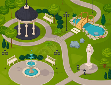 喷泉公园公园景观等距成公园景观等距构图与凉亭雕像喷泉湖步行路径矢量插图插画