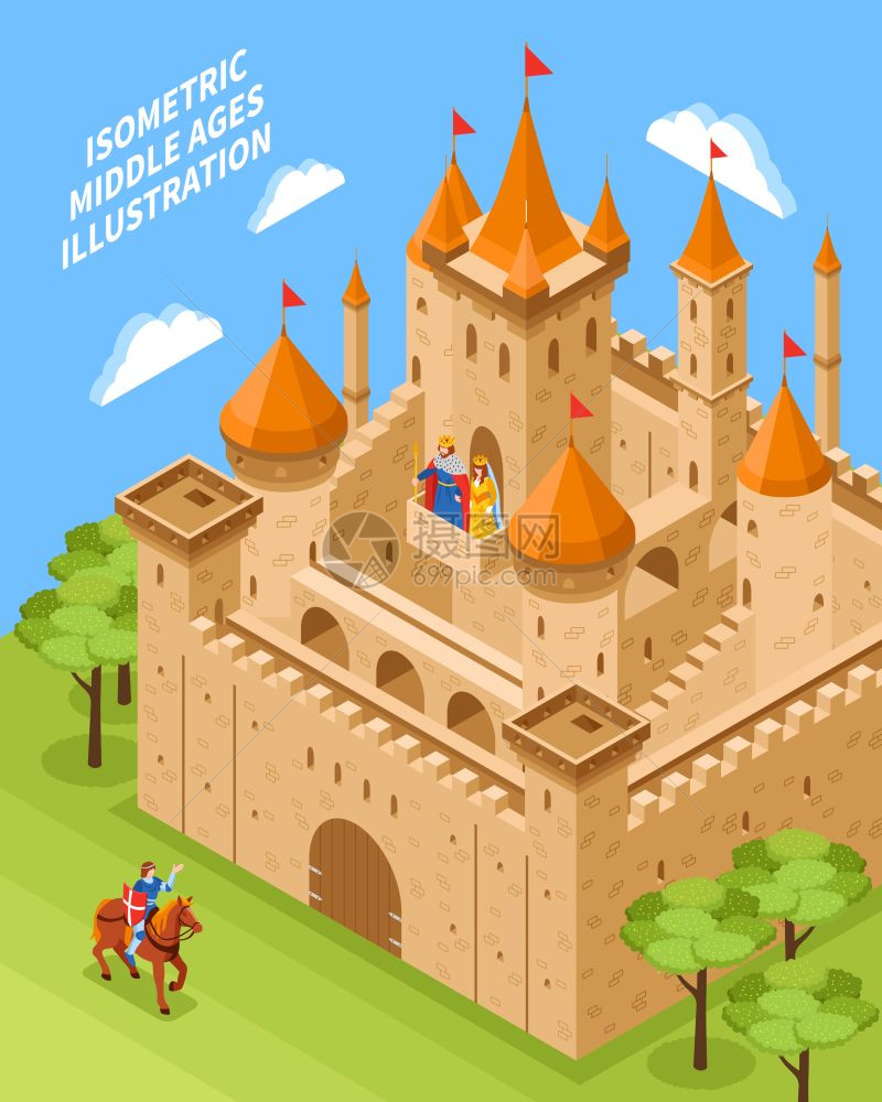 皇家城堡的成等距皇家城堡成与骑手棕色的马自然周围的矢量插图图片