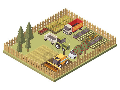 农用车辆等距农用车辆等距与收获机卡车拖拉机农田花园床矢量插图图片