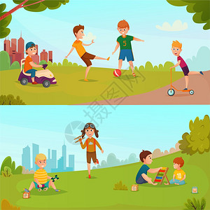 儿童横幅彩色纸箱儿童横幅与儿童绿色草地上玩的公司矢量插图图片