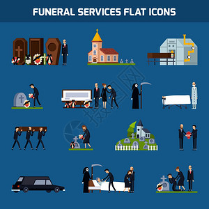 葬礼服务平图标彩色葬礼服务平图标死亡数字悲伤的人矢量插图插画