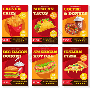 培根卷快餐海报套套红色海报与快餐,咖啡甜甜圈矢量插图插画