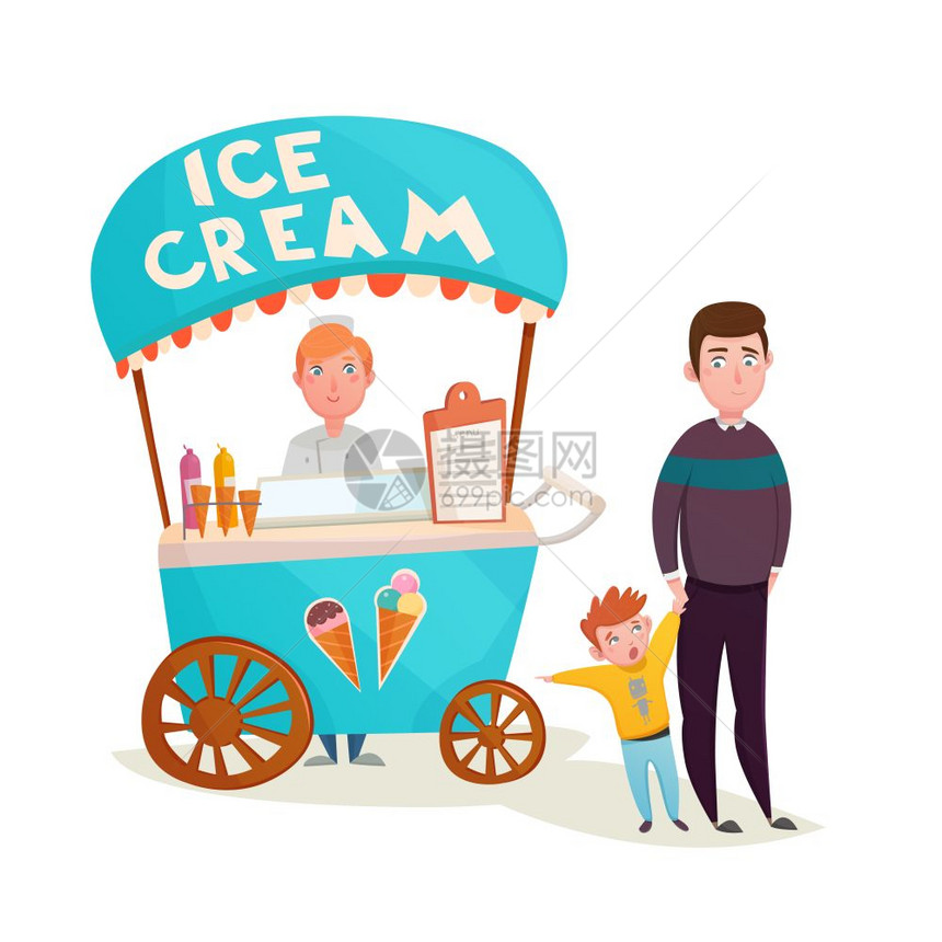 孩子附近的冰淇淋卖家卡通小男孩要求父亲冰淇淋街附近买冰淇淋,卖货车,卡通人物矢量插图图片