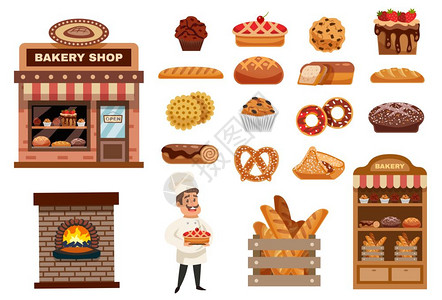 鬆餅包店图标烘焙图标与厨师雕像包店烘焙商品收集平孤立矢量插图插画