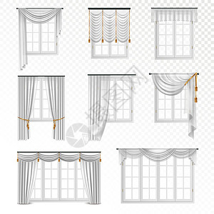 透明窗帘逼真的窗帘套收集真实的窗户与窗帘经典风格的八个平图像透明背景矢量插图插画