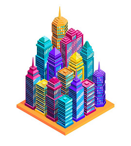城市建筑城市建筑与明亮的摩天大楼街道等距矢量插图图片