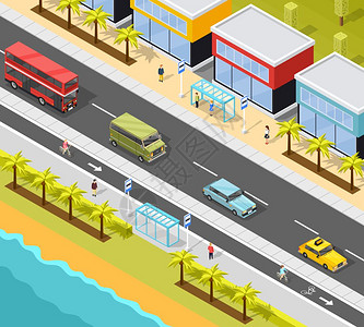 城市海滩度假城市交通背景度假小镇海滩风景道路的运输成,包括公共汽车站同的车辆矢量图插画