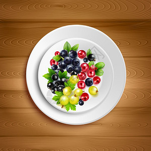 浆果板现实矢量插图白色盘子与彩色混合浆果集群绿叶木材背景上的现实矢量插图背景图片