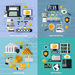 货币制造图标货币制造图标与保护方法符号平孤立矢量插图图片