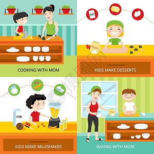 孩子烹饪理念平与儿童制作奶昔甜点,烹饪烘焙与妈妈矢量插图图片