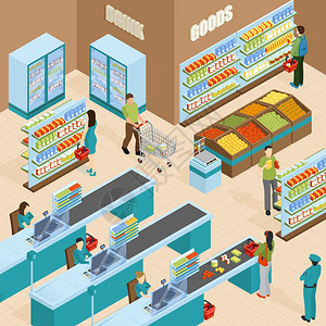 超市等距超市等距,货架由产品买家收银员矢量插图填充图片