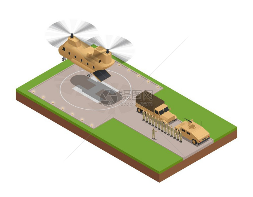 事基地等距成事等距成与力矩的大型货运直升机降落基地矢量插图图片