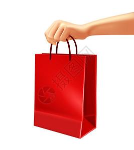 手红色购物袋插图手持空白红色购物袋,塑料纸张三维的白色背景矢量插图图片